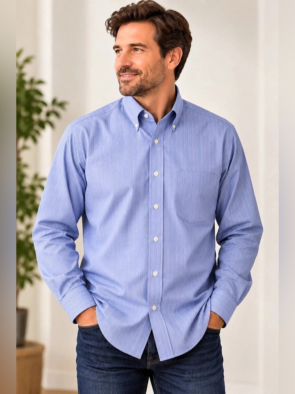 Kirkland Signature Men’s Dress Shirt 17-33 Blue Stripe Non-Iron Cotton